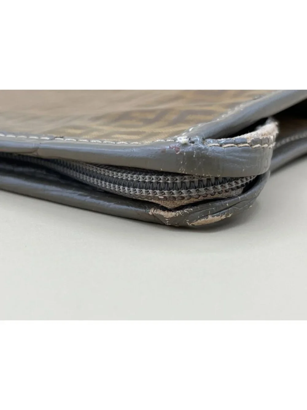 Fendi Vintage Zucca Pattern Clutch Bag With Zipper Closure & Brown/Gray Leather